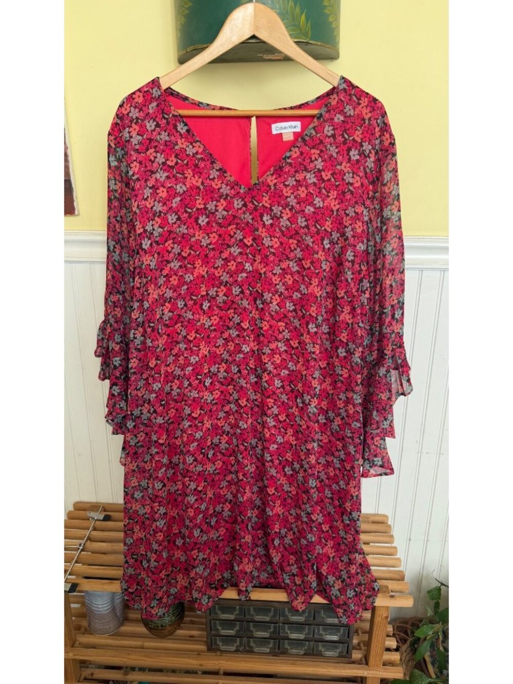 Calvin Klein Womens Floral Ruffle Sleeve Dress Size 18W Red/Multicolor